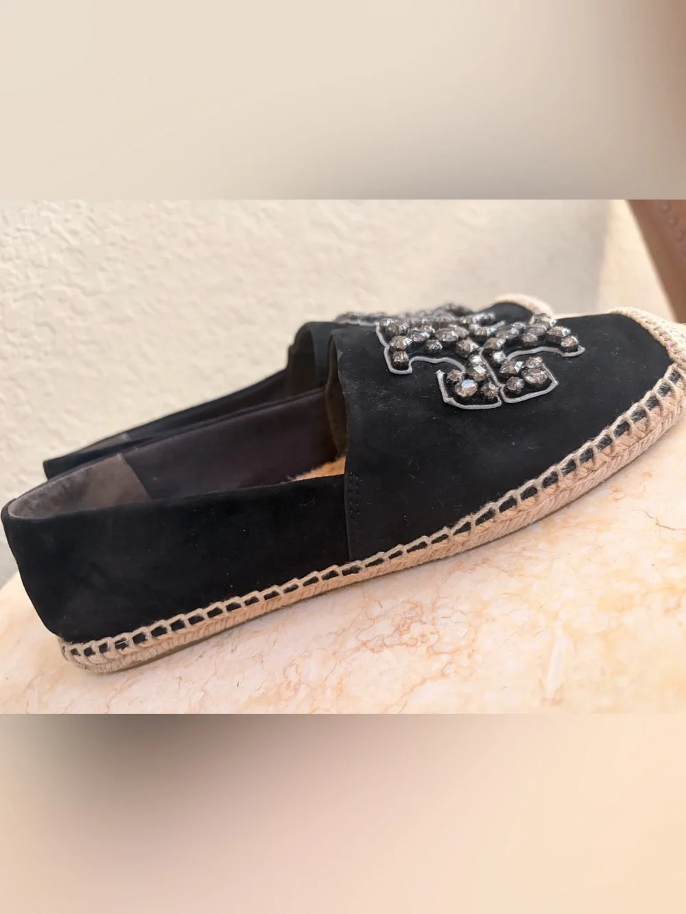 Tory Burch Black Suede Espadrille Flats with Crystal Logo